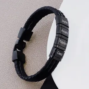 AS104 Fashion Personality DIY Lettering Leather Woven Bracelet Father's Day Stainless Steel Lock Bracelet For Dad
