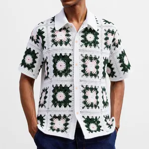 Men's solid color geometric cutout button-down shirt, slim-fit, stylish and casual short-sleeved collared top, suitable for summer wear and everyday men's fashion.