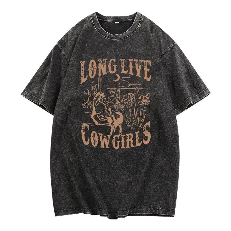 Long Live Cowgirls Vintage Washed Cotton T-Shirt, Retro Western Cowgirl Print Tee, Country Music Concert Shirt, Comfort Casual Top for Women, Cowboy Themed Streetwear, Gift for Music Lovers