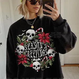 Gothic Christmas Crewneck Seasons Creepings Sweatshirt/Shirt, Whimsigoth Christmas Shirt Scary Creepy Christmas Bats Skulls Wreath Dark