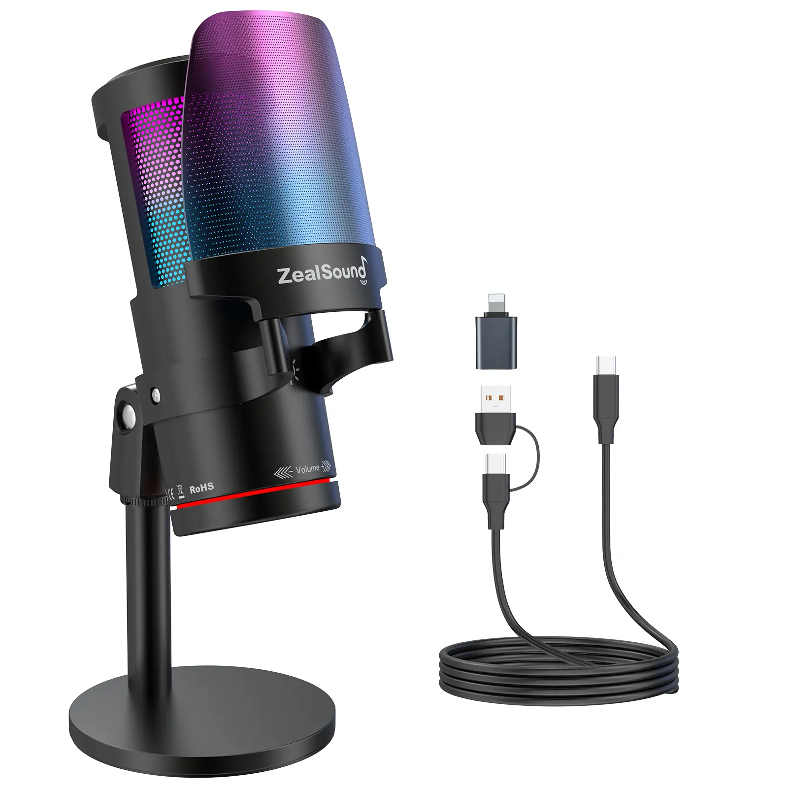ZealSound Wired USB Microphone with USB Adapter for PC, Mac, Laptop, iPhone, Android, PS5, PS4 Pro - Noise Cancellation, Touch Mute, RGB Light, Volume & Monitor Control for Streaming, Podcasting