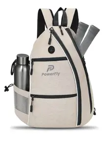PowerFly Pickleball bag with Earphone Port, Multi-Pocket Design, Water Bottle Holder, Travel and Gym Bag (Beige)