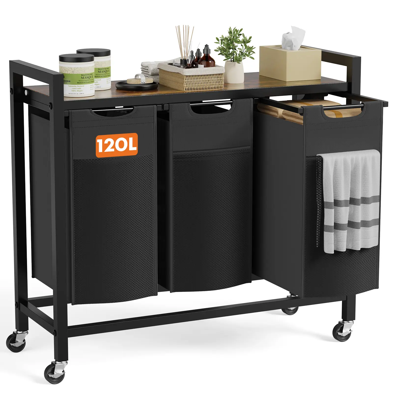 Sweetcrispy Rolling Laundry Hamper with Pull-Out Removable Bag Freestanding Clothes Basket Organizer with Wheels Adjustable Feet for Bedroom or Bathroom Dual-Compartment Design with Top Shelf for Storage