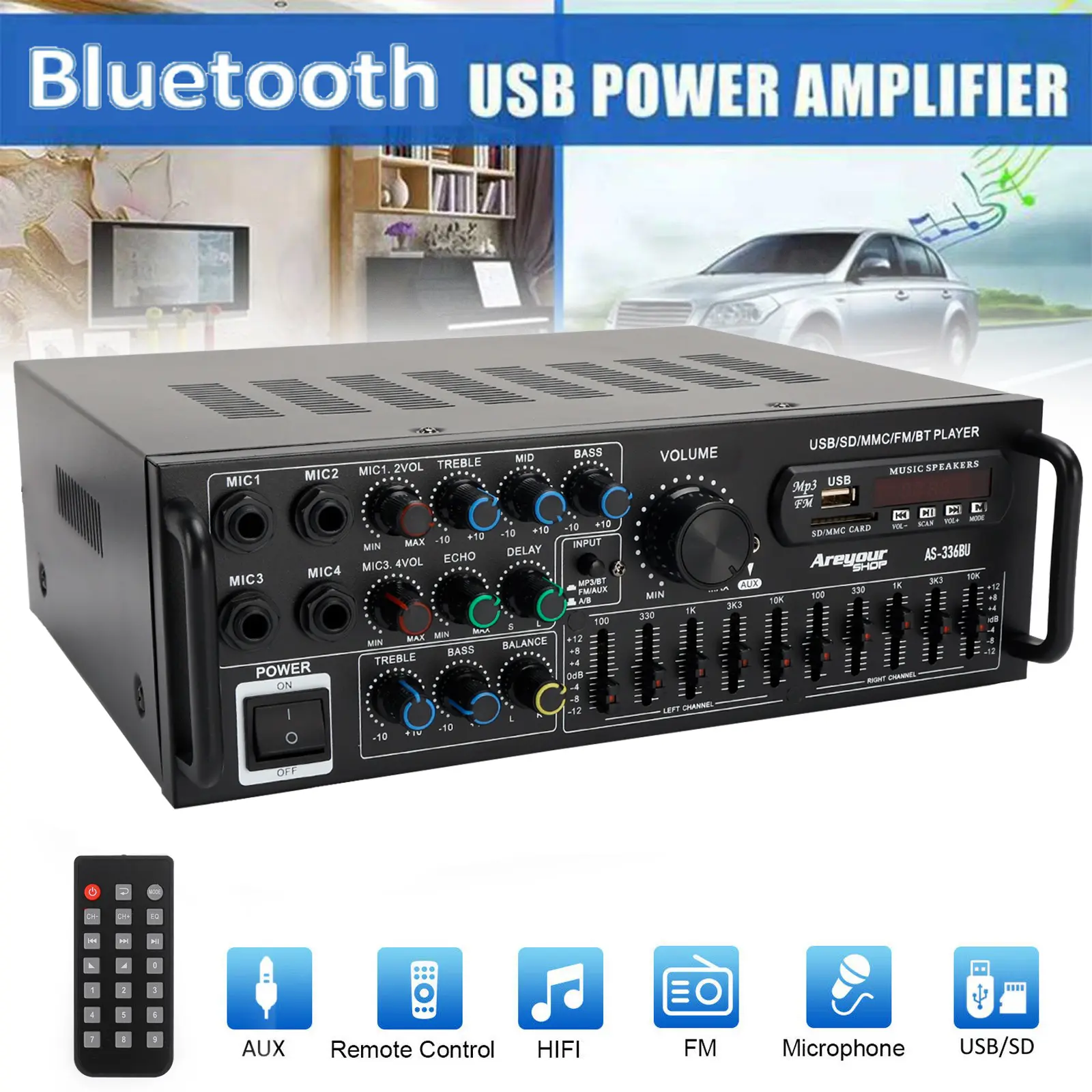 2000W Peak Stereo HiFi Power Amplifier Bluetooth 5.0 Karaoke FM USB EQ Mixer with Remote Control for Car Home