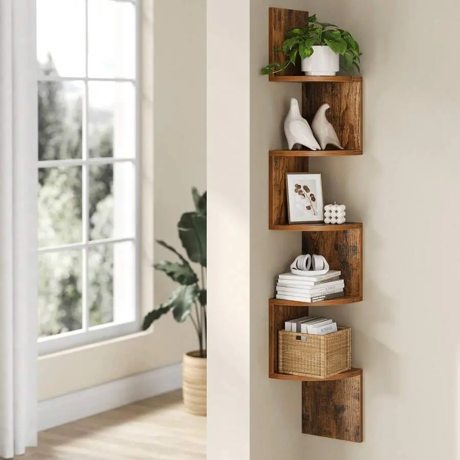 Corner Shelves Wall Mount, 5-Tier Floating Wood Wall Shelf, Corner Bookshelf & Plant Rack, Home Decor for Bedroom, Living Room, Bathroom, Office Wooden Wall Rack