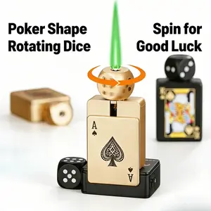 (No Fuel)Green Flame Windproof Lighter in Zinc Alloy, Rotatable Dice & Poker Style, Creative Refillable Gift for Men, Boyfriend or Husband