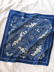 Whale Ocean Bandana Scarf (Navy) 22”x22”, Soft Cotton Whale Art Tapestry, Kerchief