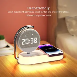 Wireless Charging Alarm Clock, 5-in-1 Bedside Clock with 15W Fast Wireless Charger, 360° Rotatable Digital Clock, Touch Dimmable Warm Night Light, 3-Level Brightness, 12/24H & Date Display, USB-C Powered, Safety Protection for Bedroom Office Home Decor