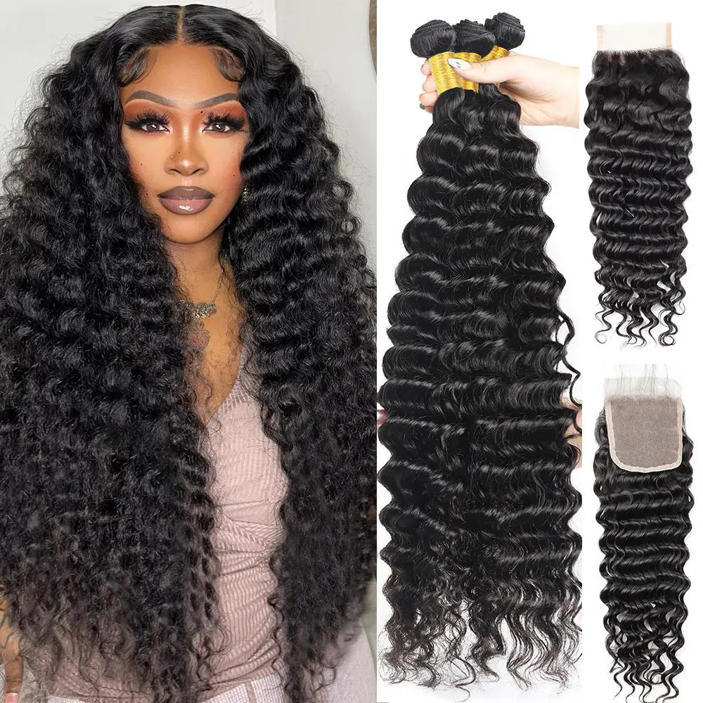 Brazilian Deep Wave Bundles with Closure Human Hair Bundles with 4x4 Lace Closure Unprocessed Virgin Human Hair 3/4 Bundles with Closure #DealsForYouDays