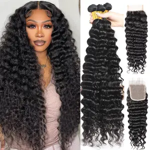 Brazilian Deep Wave Bundles with Closure Human Hair Bundles with 4x4 Lace Closure Unprocessed Virgin Human Hair 3/4 Bundles with Closure