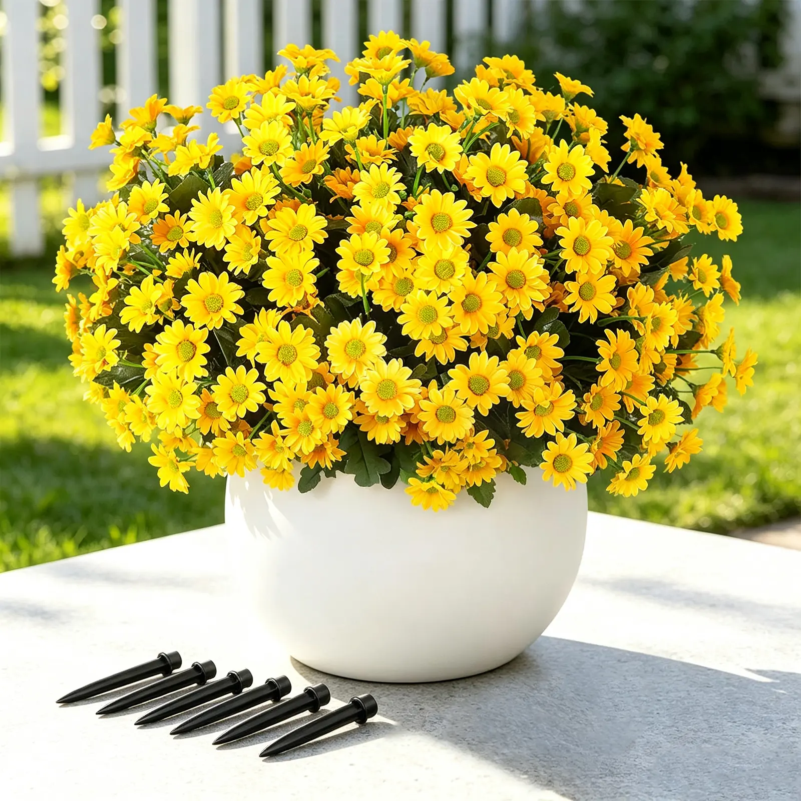 6 Pcs Artificial Fall Flowers for Decoration Outdoors, Yellow | Fake Mums, silk daisy flowers, UV resistant, faux plants, outdoor indoor garden fall autumn harvest thanksgiving home decor#HomeEssentials