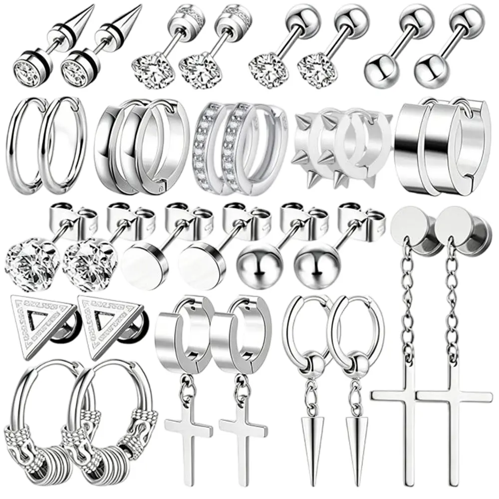 17 Pairs Earrings for Men, Stainless Steel Earrings For Men Sensitive Skin, Fashion Earring Piercing Jewelry Cross Dangle Hoop Earrings Kit Studs Long-lasting Shine