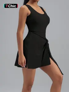 Women's Sleeveless Dress with bust pad, Tie - Waist Open Back Tennis & Golf Dress, Tennis Attire