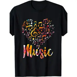 Men'S Music-Themed T-Shirt Treble Clef & Music Notes Print with Violin Trumpet Piano Keys & Heart Music Note Design Soft Breathable Black Shirt for Musicians Members Ideal Gift for Chris Parties Beach & Sports Outdoor Clothing|All-Season Casual Wear