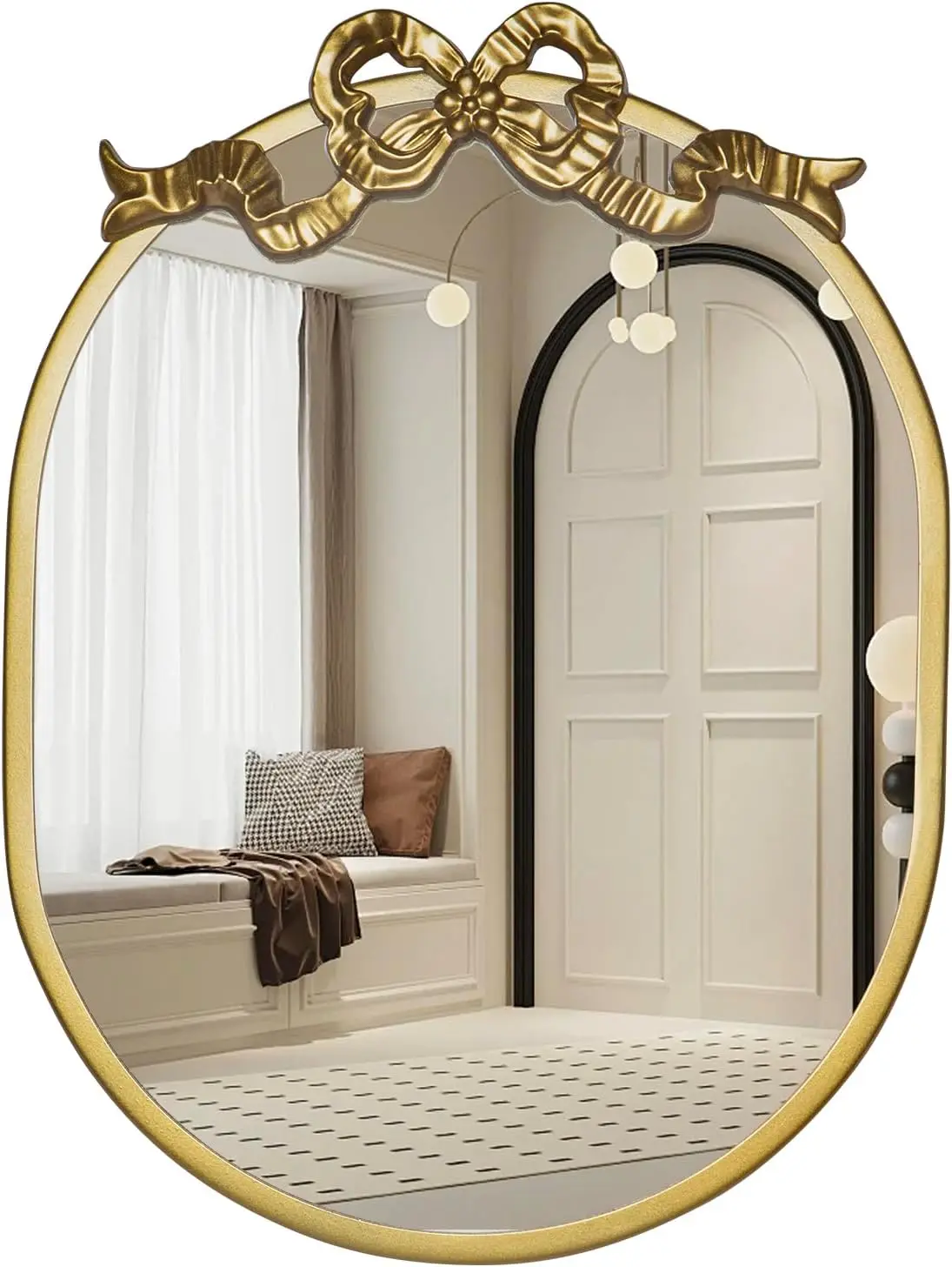 SANY DAYO HOME Wall Hanging 16″ x 12″ Gold Metal Framed Oval Mirror with Decorative Bow, Modern Farmhouse Real Glass Accent Mirror for Vanity, Bathroom, Entryway