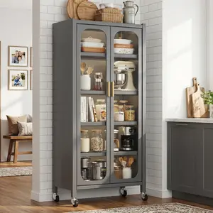 Spaco 65-Inch Kitchen Pantry Storage Cabinet – 6-Tier Metal Display Cabinet with Transparent Doors, Adjustable Shelves & Lockable Wheels, Food Storage Organizer for Kitchen, Living Room & Dining Room, Gray