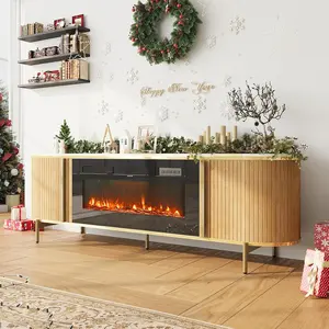 【2 Packages Shipping】Luxury 70" Fluted Fireplace TV Stand Modern Chic Entertainment Center for TVs Up to 80" Oak Media Cabinet with Storage for Living Room