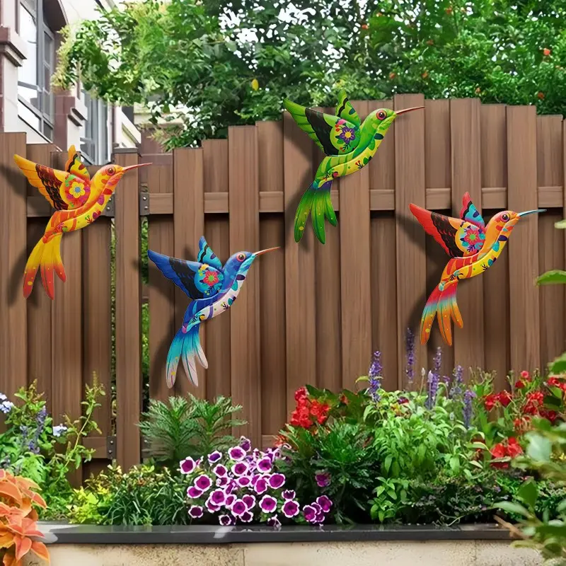 4pcs Vibrant Metal Hummingbird Wall Art Decor, Indoor Outdoor Decoration, Balcony Patio Fence Wedding Party Home Decor, Gift for Bird Lovers, Garden Sculptures Statues, Metal Birds Sculptures, Outdoor Garden Accessories