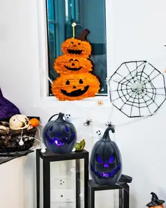 2 Pcs LED Black Jack-o’-Lantern Pumpkins – Resin Lighted Halloween Decorations with Warm Glow, Battery Operated for Table Centerpieces & Indoor Outdoor Decor