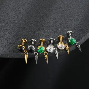 Oufer 16G Internally Threaded Emerald Spike Dangle Chain Cartilage Ear Piercing Stud 316L Stainless Steel