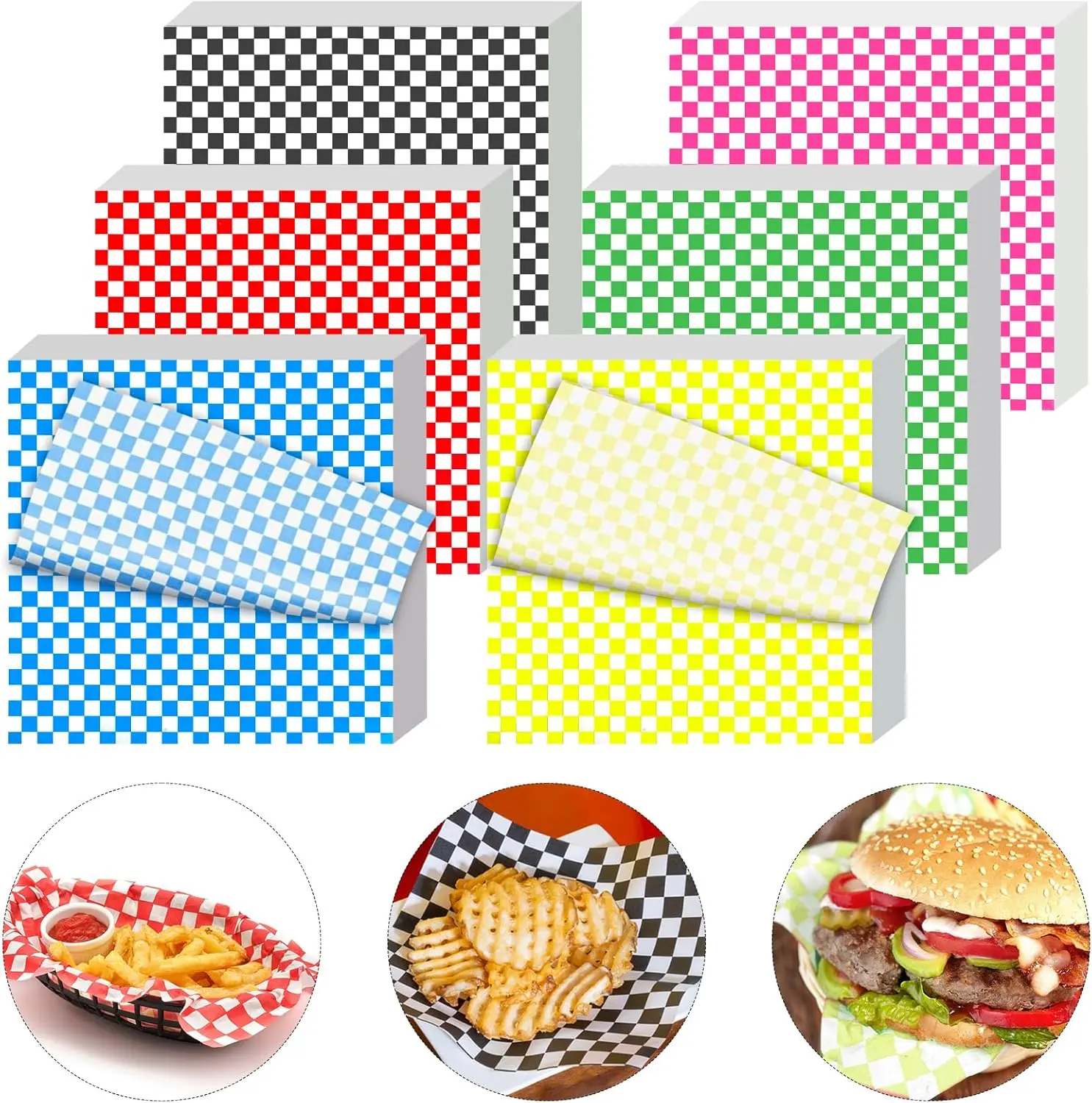 120Pcs Wax Paper Sheets for Food, 12x12 In Variety Pack Checkered Food Basket Liners, Grease Resistant Sandiwch Wrapping Paper, Festive Design Deli Sheets For Party, Fair and Outdoors