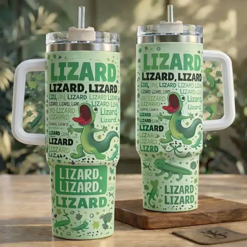 Funny Lizard Doodle Pattern Tumbler 40oz Cute Green Gecko Cartoon Reptile Lover Gift Cup With Handle And Straw