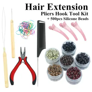 Professional Hair Extension Tool Kit, Includes 500 Micro Beads, 1 Clipper, 1 Needle, 1 Lacing Device, for Salon Use