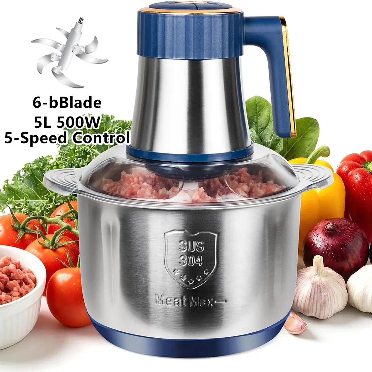 5L Electric Food Processor (Kitchen Appliances) - 500W, 6 Sharp Blades, 5 Speeds, BPA-Free 304 Stainless Steel Bowl, Easy Clean Kitchen Utensil for Family Meals, Vegetables, Sauces