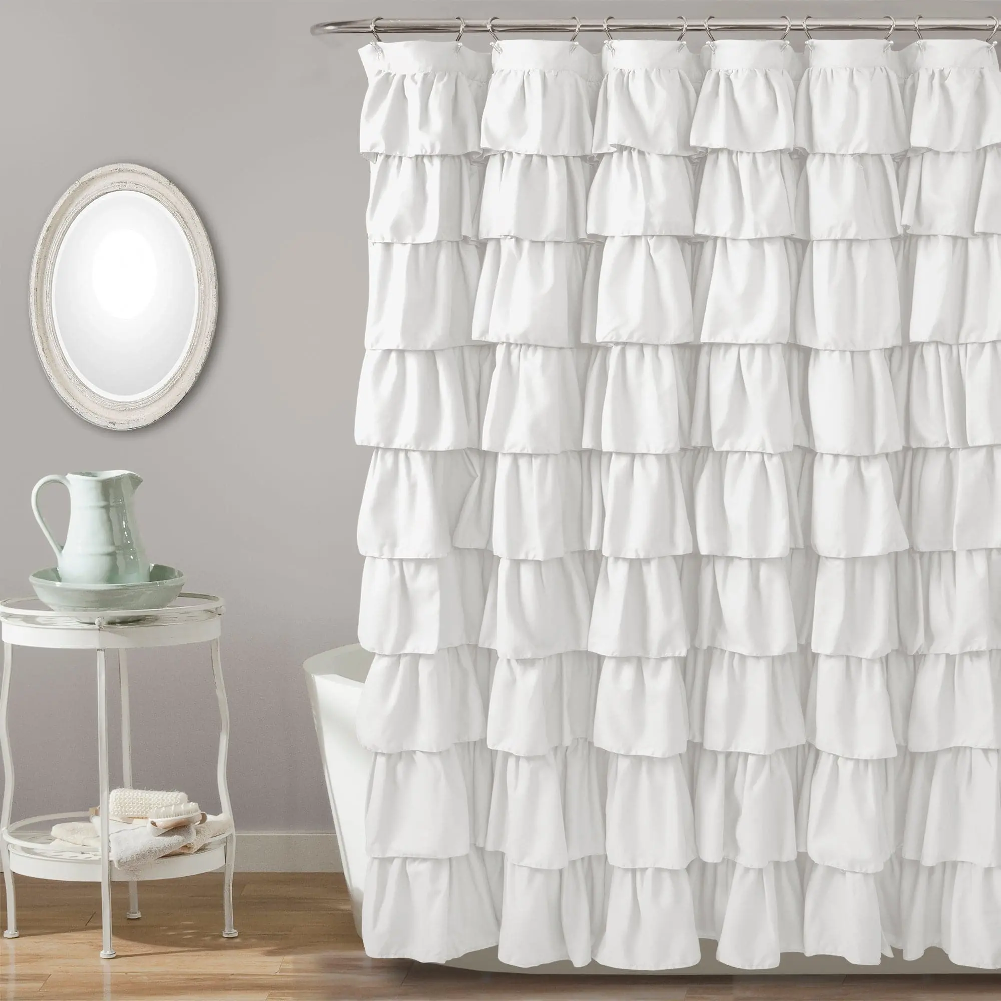 Lush Decor Ruffled Fabric Shower Curtain - Semi-Sheer, Floral Nature-Inspired Shabby Chic Bathroom Decor, Soft Skin-Gentle Material, Soothing Ambiance-Creating Bath Supply