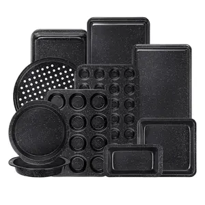Terlulu 10-Piece Baking Pans Set Nonstick Carbon Steel Bakeware Includes Cookie Muffin Pizza Loaf Roasting Pans Stackable Design Black
