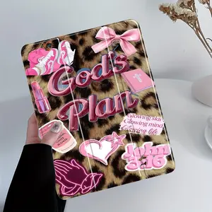 Retro Leopard Print Sticker Collage iPad Case, Tablet Accessories, Protective Casing, Protective Cover Auto Wake/sleep,Anti-Drop Scratch-Resistant,Transparent Acrylic Back,Fits iPad 7.9/10.2/10.9/11/12.9 inch