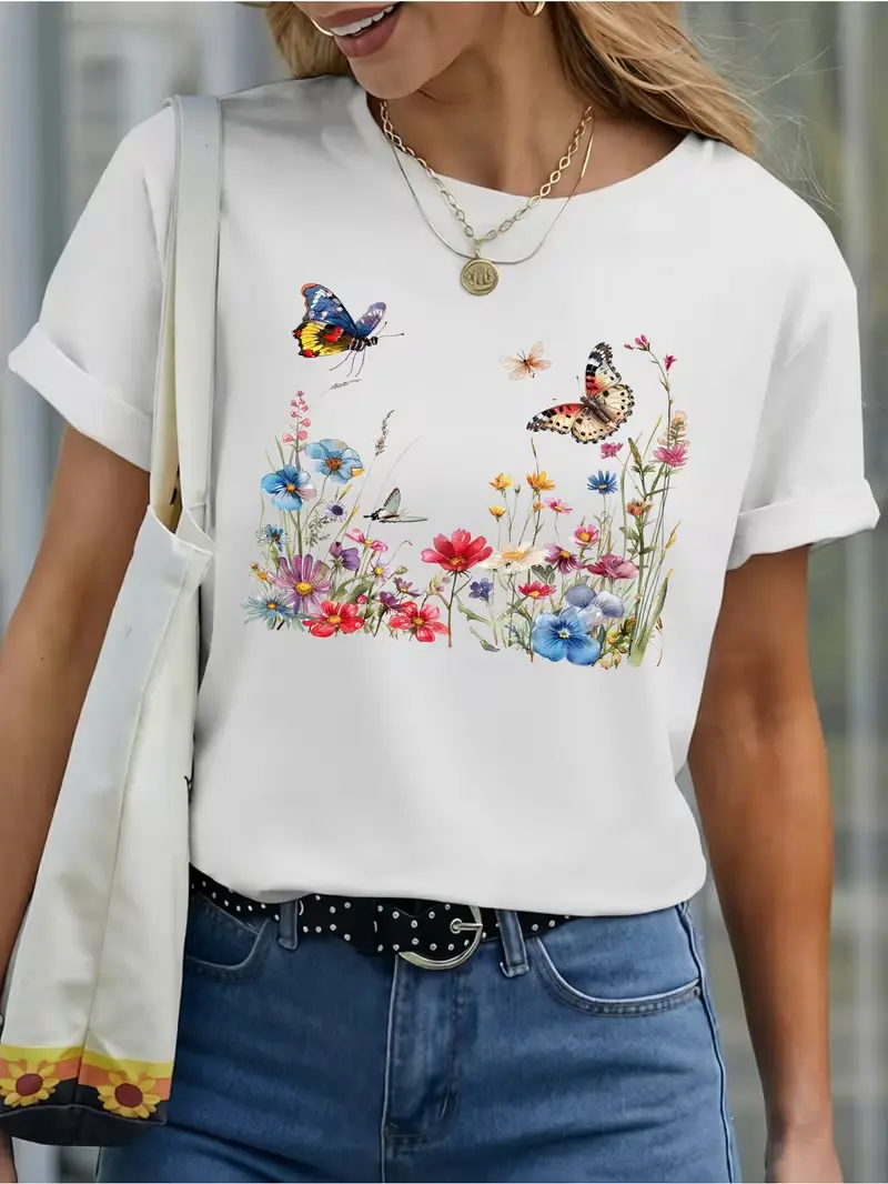 Women's Breathable Cotton Short-Sleeve Watercolor Wildflower Butterfly Graphic T-Shirt - Cute Botanical Gradient Everyday Top with Bottom Compatibility