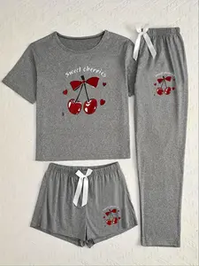 Women's Cherry Letter Print Pajama Set, Casual Fitted Sleepwear, Loungewear, All Seasons Comfortable Moderate Fabric, 3 Piece Set, Womenswear