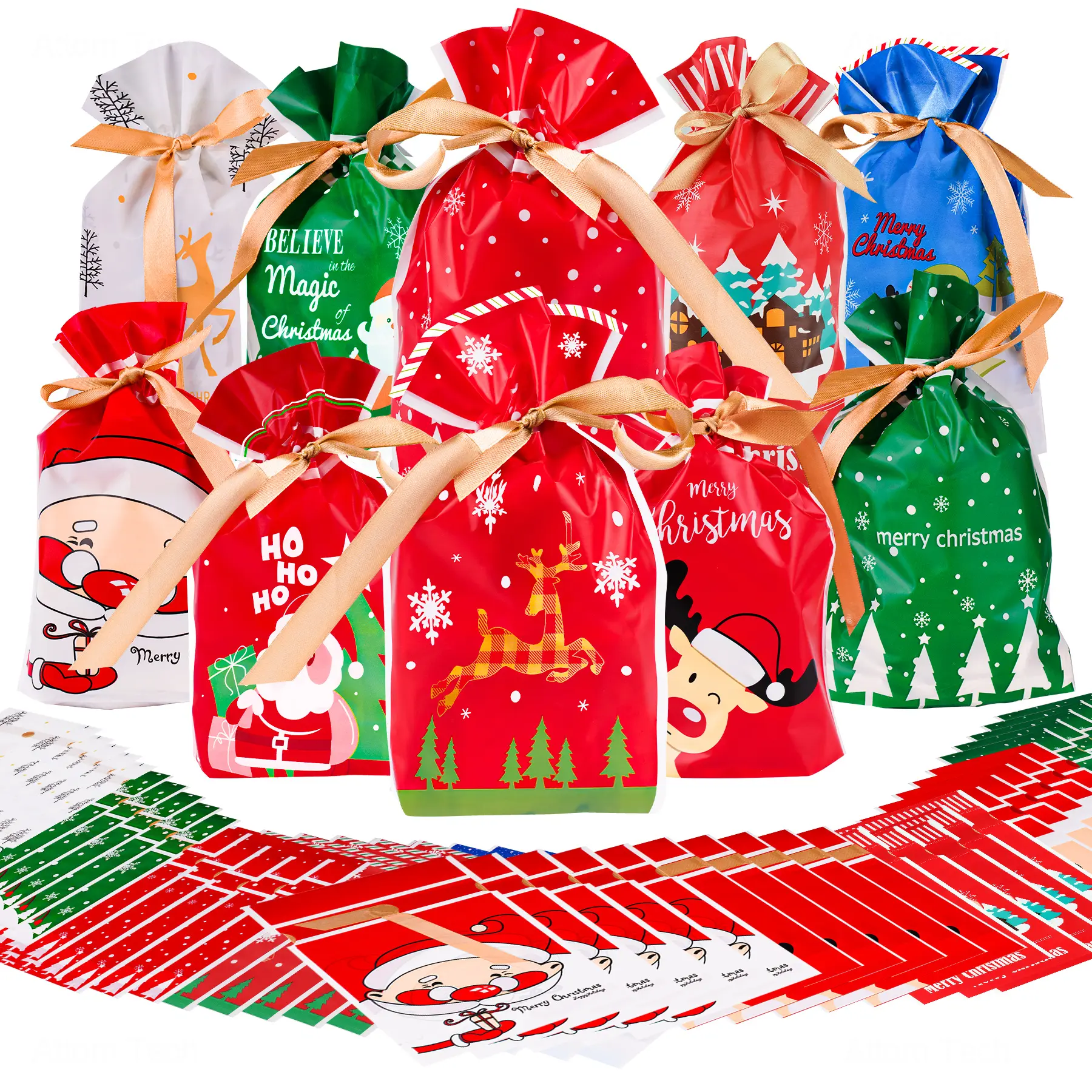NiHome 50pcs Reusable Christmas Themes Plastic Drawstring Gift Bags - 10 Festive Prints, Double-Sided, 9x5.9in, Food-Safe EVA, Durable, Golden Ribbon, for Candy, Decoration, Festive Wrapping