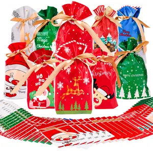 NiHome Merry Christmas Drawstring Gift Bag with Golden Ribbon 10 Designs for Candy, Cookies, Small Gifts 50-Pack, Food Safe EVA Material with Assorted Holiday Patterns for Decorations & Parties