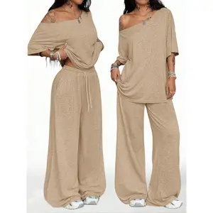 Women's Casual Solid Color Sport Two-Piece Set, Loose Long Pants & Wide Leg Slant Neck Pant Suit, Spring & Fall Fashion