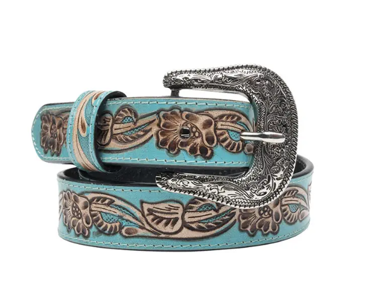 Women's Western Leather Belts, Hand-Tooled with Detailed Embossing and Turquoise, Authentic Look Fashion Clothes Accessory, Female Belt, Western Wear, Western Accessories, Hand-Tooling