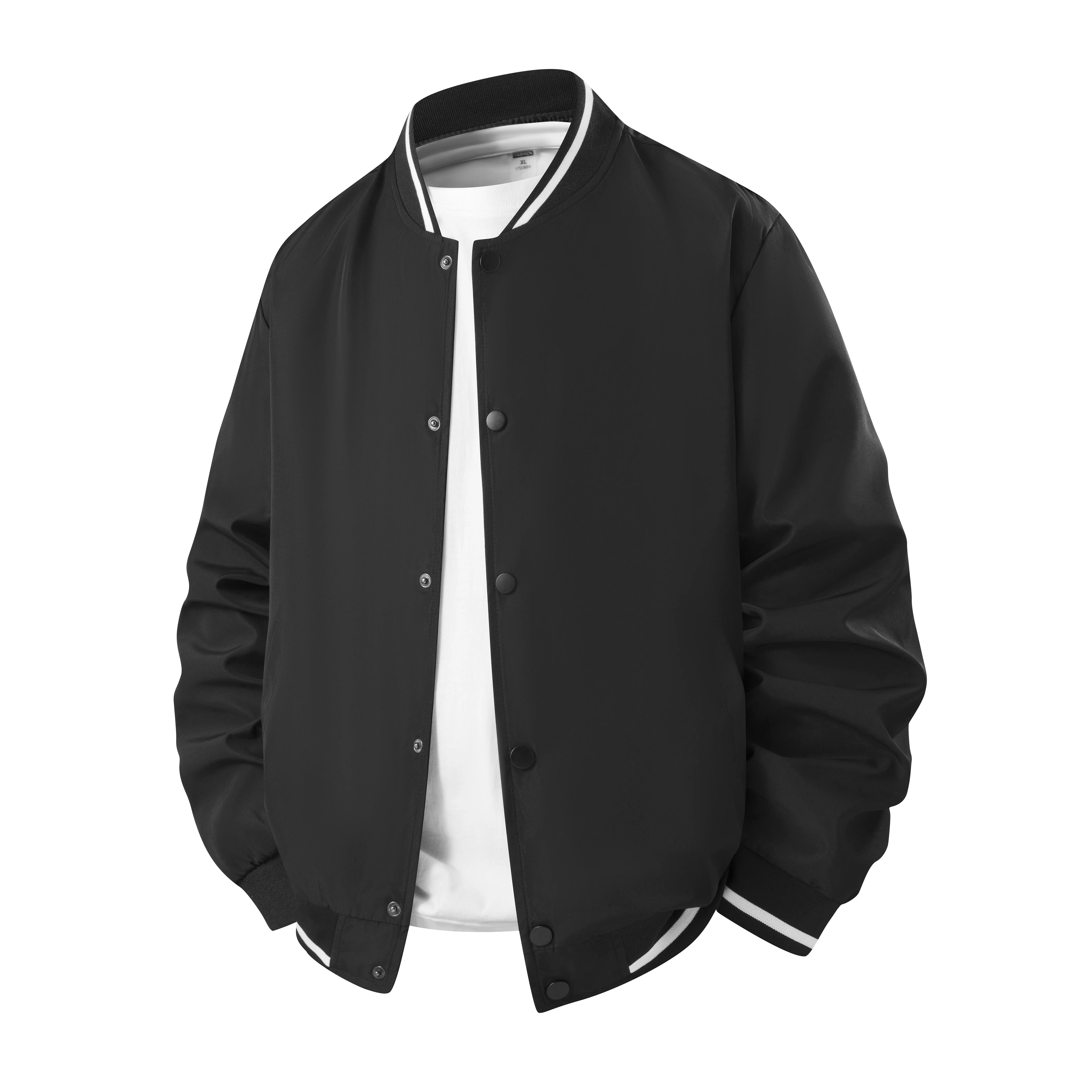 Unisex Lightweight Black Varsity Jacket - Classic Baseball Bomber Outerwear with Snap Button Closure, Striped Ribbed Collar Cuffs Hem, 100% Polyester Windbreaker Coat for Men Women Teens Autumn Spring Daily Streetwear