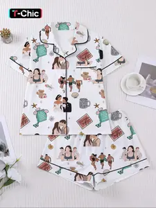 【Valentine's Day】Women's Valentine's Day Sleepwear Set, Romantic Love Print Pattern Pajamas, Pjs, Comfortable Short Sleeve Top & Elastic Shorts, Casual Home Wear, Loungewear