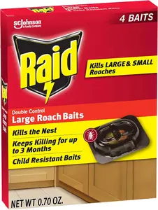 Raid Large Roach Baits - Child Resistant, Indoor Use, Double Control, Kills Large & Small Cockroaches, Long-Lasting 3-Month Protection, No Battery, 4 Count