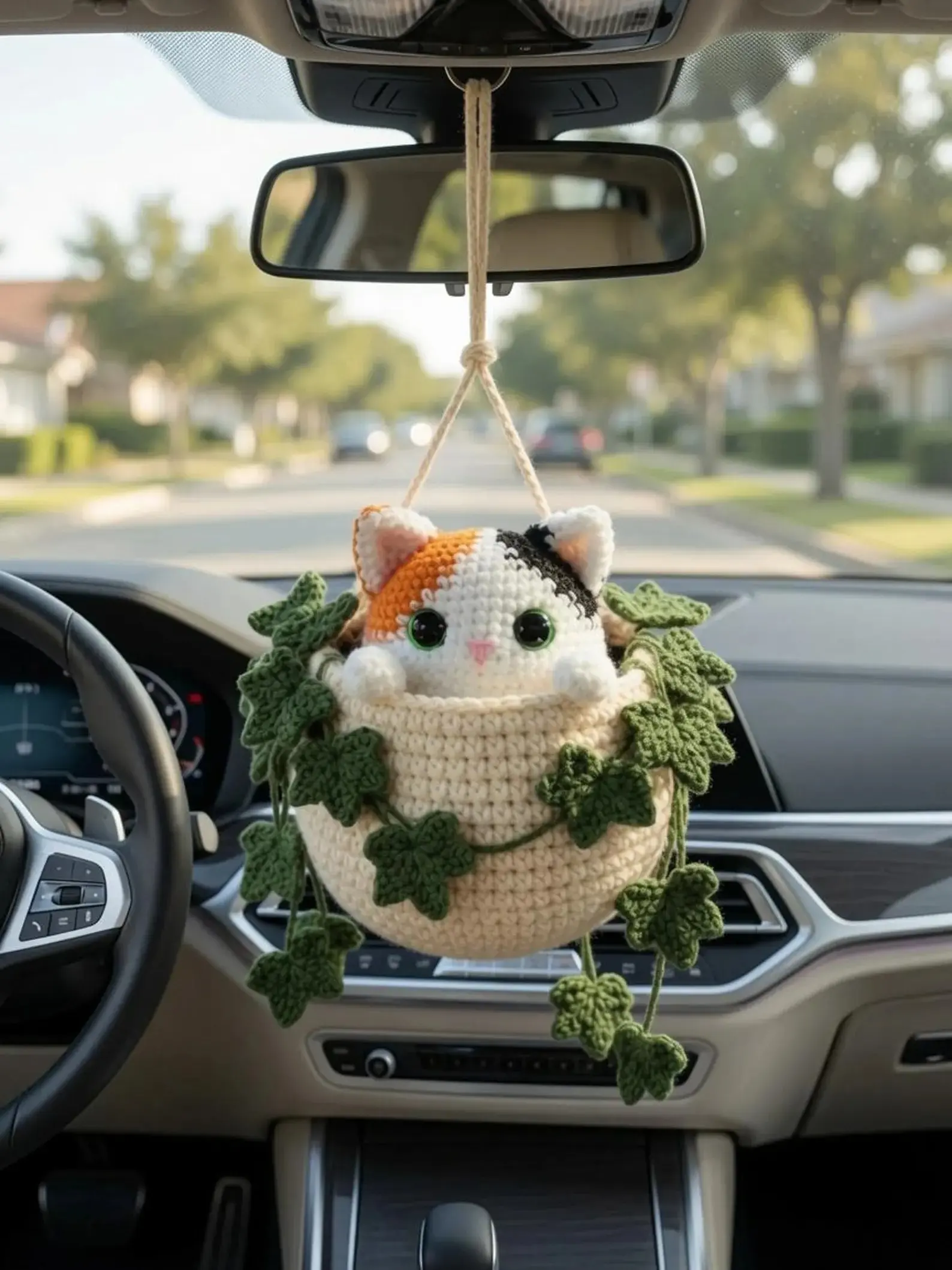 Cat Car Hanging Crochet, Calico Cat Crochet, Crochet Plant Cat Decor, Handmade Cat Lover Gift, Cute Car Accessory