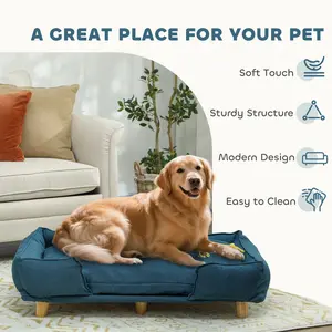 Large Dog Sofa Bed with Solid Wood Legs | Deep Blue Elevated Pet Couch, Washable & Stylish Home Furniture