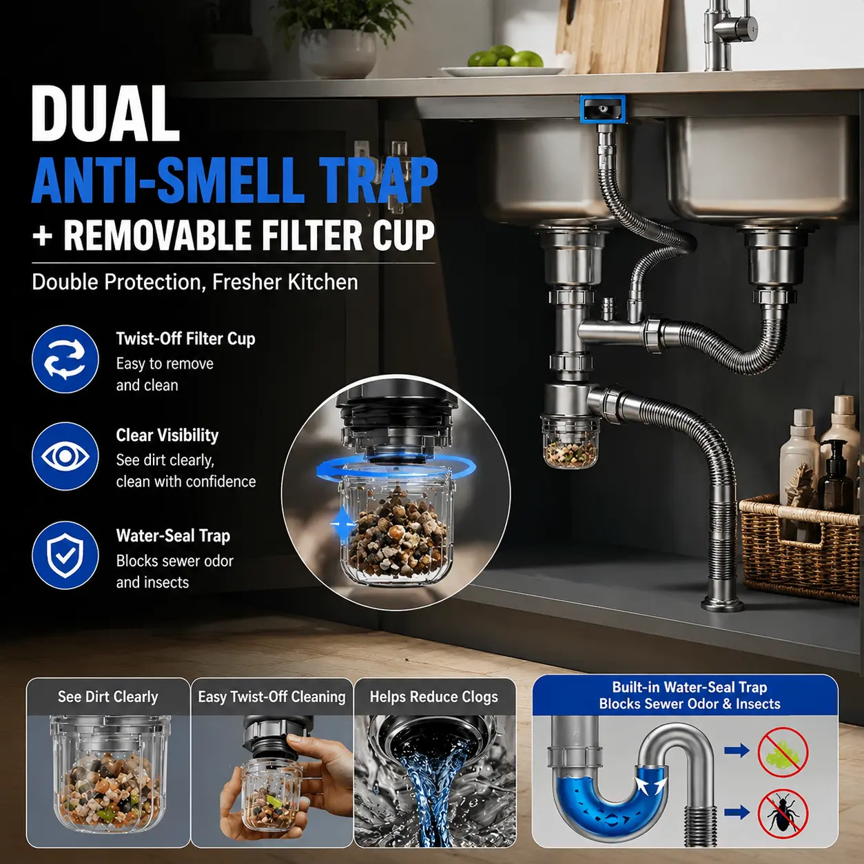 Upgrade Your Kitchen Sink with 3.5" Double Bowl Drain Kit Anti-Smell Trap, Removable Food Debris Collector Cup, Flexible Drain Pipes, Overflow Protection, 2 Sink Drain Stoppers Included, Quick DIY Installation