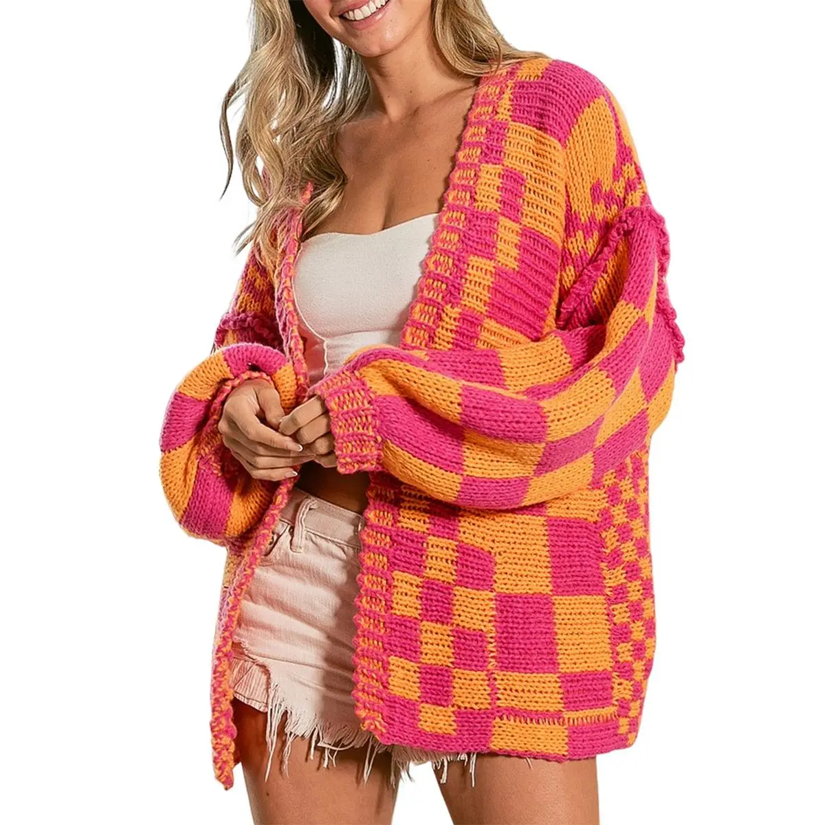 Asvivid 2026 Fall Clothes For Women Oversized Long Open Front Cardigan Mixed Checkered Pattern Cable Knit Cardigans Sweater Holiday