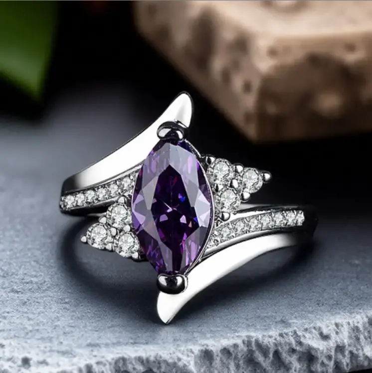 B Romantic and Elegant Ring for Women Inlaid with Marquise Shaped Purple Cubic Zirconia Bride Eternal Engagement Promise Wedding Anniversary Ring Daily Accessory Valentine S Day Christmas Mother S Day Gift