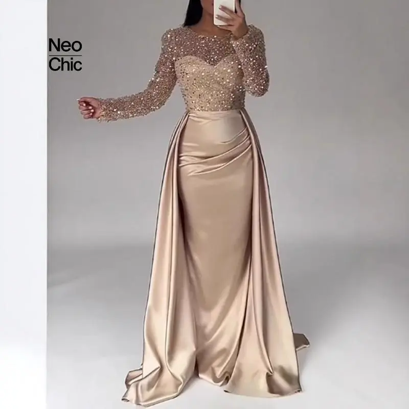2025 Women's Metallic Satin Floor-Sweeping Sequin Evening Dress, Longsleeves Crew Neck, Elegant Formal Wear for Banquet Annual Meeting Host