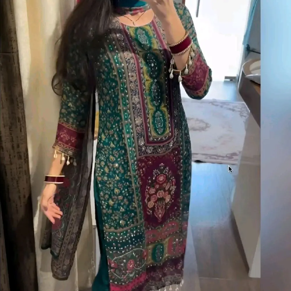 Pure Muslin Fabric With Original Mirror & Stone Work Kurti Pant & Dupatta With Original Kodi Lace
