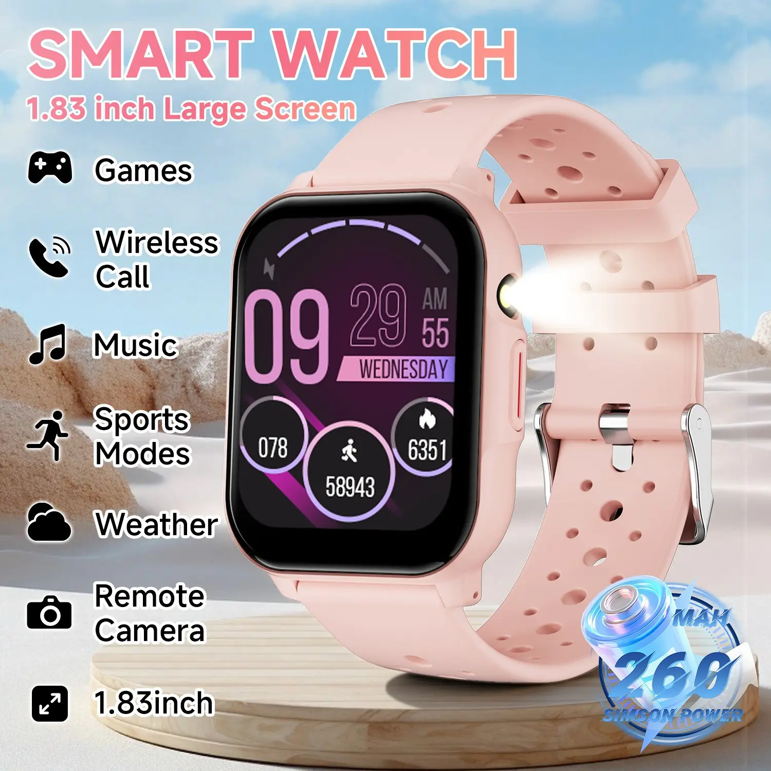 Low-power smart sports watch, Smartwatches, Multifunctional smart watch, voice assistant, wireless call, message reminder, sports modes, pedometer, alarm/water reminder, music playback, large-capacity battery, camera remote, birthday gift for kids