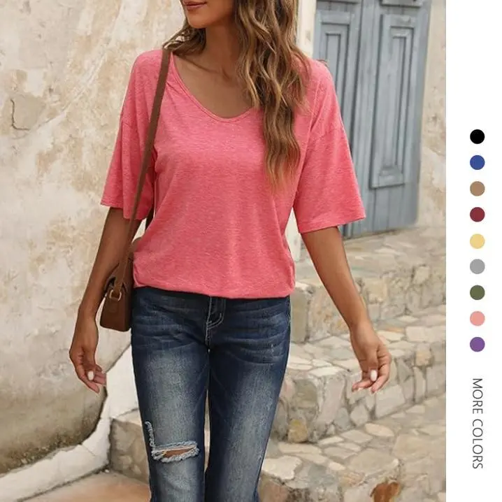 Women's Oversized V-Neck Cotton T-Shirt, Lightweight Half Sleeve Top for Casual Streetwear and Summer Outdoors, Tshirt, Style, Plain, Elevated Basics, Wardrobe Staples, Shorts