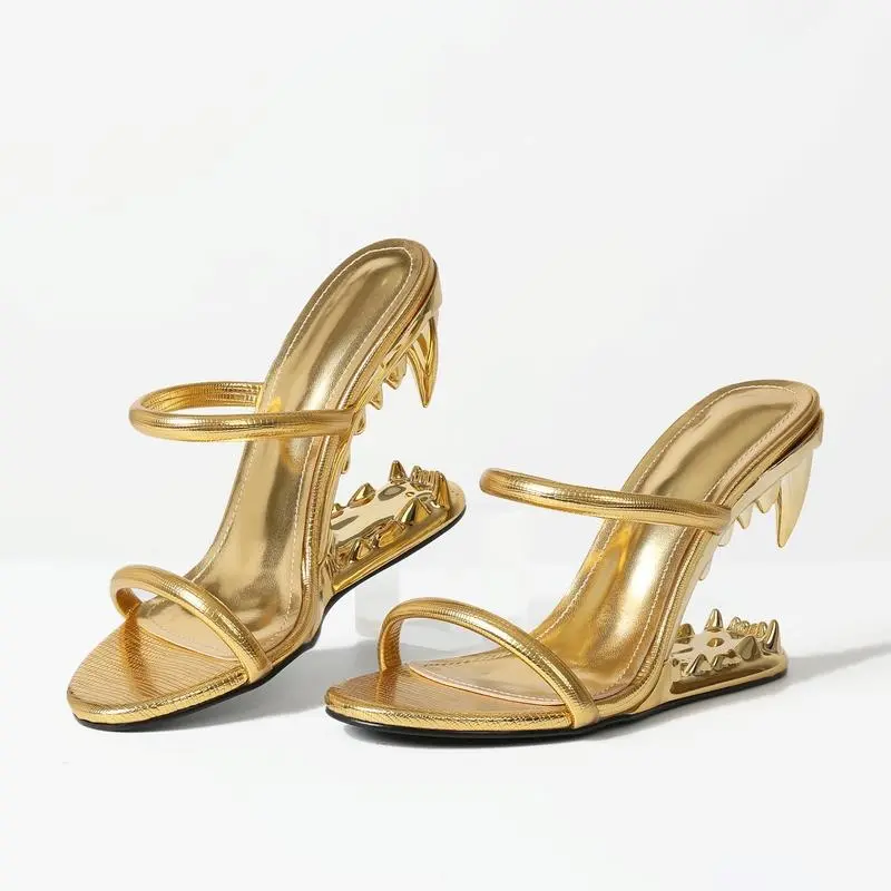 Women Open Toe Slip On High Heels Slippers Tiger Teeth  Shark Teeth Pumps Chunky Heels Dressy Sandals